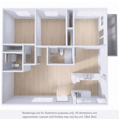 Floor plan for 3 beds, 2 baths